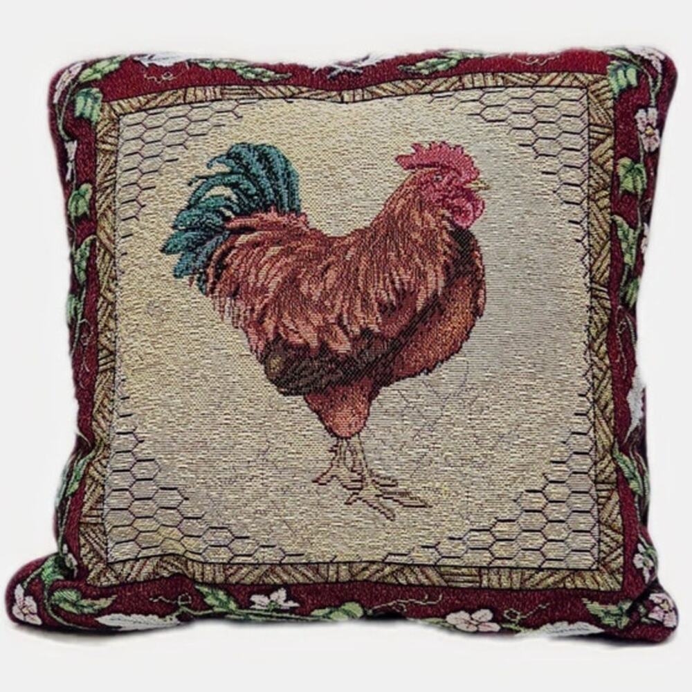 Vintage Tapestry Rooster Throw Pillow Home Decor French Country Rustic Farm 14"